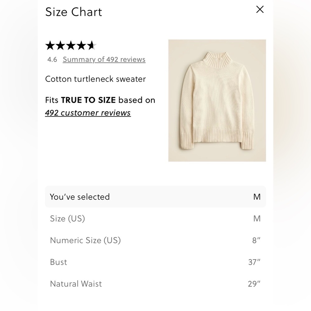 NWT J. Crew Cream 100% Cotton Turtleneck Ribbed-Hem Sweater, Size Medium - Picture 5 of 16